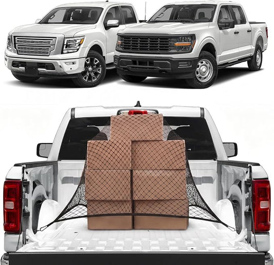Cargo Net for Ford F150/F250/F350/F450 2015-2026, Nissan Titan 2016-2024 | Heavy Duty Truck Bed Organizer, Highly Elastic Tailgate Net with Carabiners, Weatherproof Mesh Cover with Attached Zipper Bag