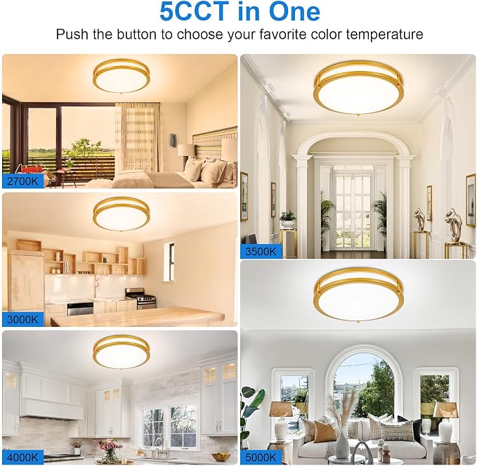 DLLT Flush Mount LED Ceiling Light: 13 Inch 2Pack 5CCT (3000K-6000K) & Dimmable Ceiling Light Fixtures for Bedroom Hallway - 24W Modern Gold Super Bright Kitchen Lighting Fixtures Ceiling