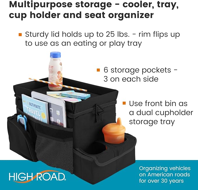 CarHop Car Organizer, Car Snack Organizer with Cup Holder, Tray and Cooler | High Road Middle Seat, Passenger Seat and Back Seat Car Organizer - Road Trip Cooler for Car with Tray and Side Pockets