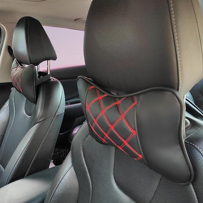 2 Pack Car Neck Pillow PU Leather Automotive Headrest Pillow for Car Support Neck Pain Relief Universal Car Pillow (Red Black)