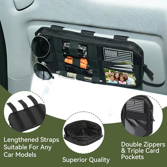 Sun visor organizer Molle Tactical car Zipper Storage Pouch & Glasses Clip | Police Tactical Visor Molle Panel Interior Vehicle pocket Accessories for Truck Suv Police Car Gear Supplies (Black)