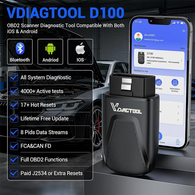 VDIAGTOOL OBD2 Scanner Bluetooth, D100 Bidirectional Scan Tool, No Subscrption Fees, Wireless Code Reader for iOS & Android, Full System Diagnostic Tool with 17 Resets, Live Data, CAN FD, Storage Bag