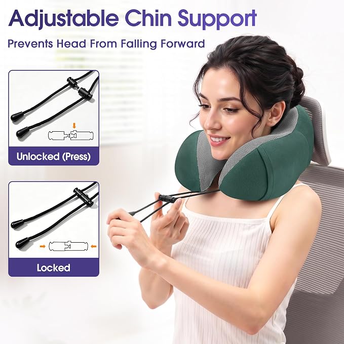 CloudBliss Travel Pillow for Airplane, Memory Foam Neck Pillow for Travel, Compact Flight Pillow with Eye Mask, Earplugs, Carry Bag,Travel Neck Pillow for Long Flight Sleep, Plane Accessories, Green