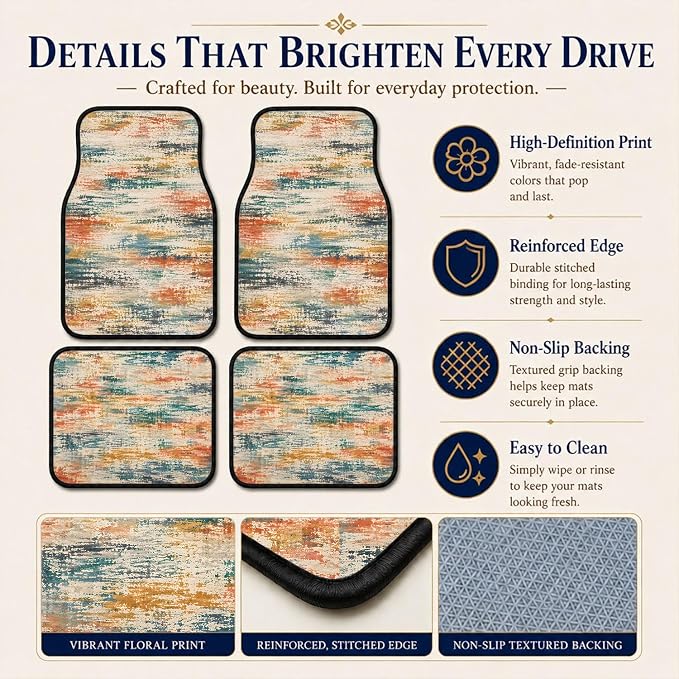 Color Abstract Car Floor Mats Set of 4 Distressed Boho Texture Car Accessories Foot Mats Rugs, Non-Slip,Decor for Universal Fit for Suvs Sedans Trucks Cars Auto Floor Carpets Rugs All-Weather