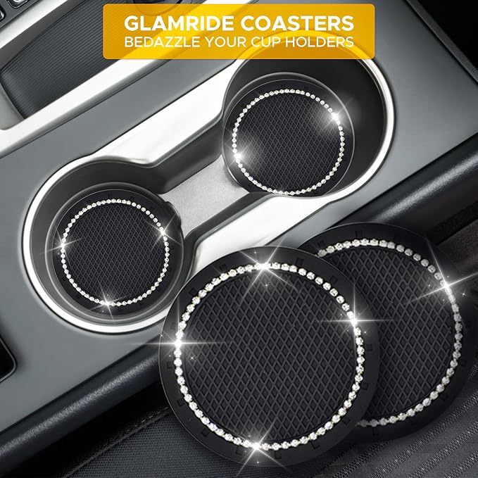 EcoNour Bling Cup Holder Insert (2 Pack) with Push Start Button Ring (1 Pack) | 2.75 Inch Silicone Coaster Pad and 1.5 Inch Ring with Elegant Crystal Rhinestone | Car Interior Accessories (Black)