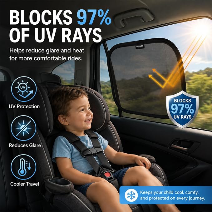 2-Pack Car Window Shades by Enovoe - 19" x 12" in Side Window Cover for SUVs, Sedans, and Trucks - Protects Baby from UV Rays and Glare - Cling Design for Easy Use - Plain