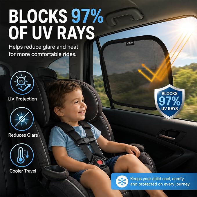 Enovoe Car Window Shades for Baby 2-Pack - 21" x 14" Inches Sun Shade Blocker, Cling Glare Shield and UV Rays Protection for Your Child - Side Windows Screens for SUV- Mesh Window Shades for car Baby