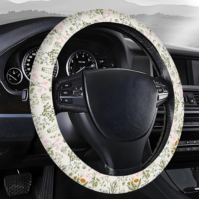 Steering Wheel Covers for Car, Truck, and SUV, Cute Non-Slip Breathable Elastic Steering Wheel, Car Accessories, Universal 15 Inch Leather Cover for Men Women Floral Greenery