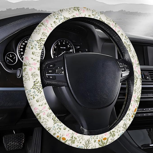 Steering Wheel Covers for Car, Truck, and SUV, Cute Non-Slip Breathable Elastic Steering Wheel, Car Accessories, Universal 15 Inch Leather Cover for Men Women Floral Greenery