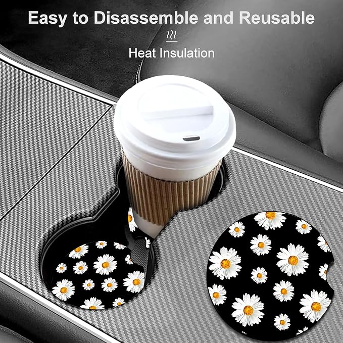 2 Pack White Daisy Car Cup Holder Coasters Universal Neoprene Coasters | 2.75" Universal Size Anti Slip Rubber Mat,Auto Cup Holder Decor Accessories for SUV Truck,Daisy Gifts for Women Men Mom