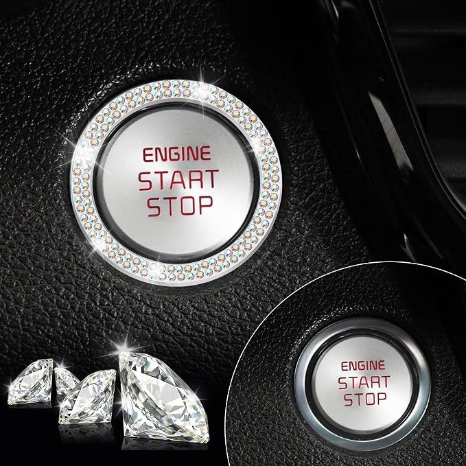 LivTee 2 PCS Crystal Double Rhinestone Car Engine Start Stop Decoration Ring, Bling Car Interior Accessories for Women, Push to Start Button Cover Sticker, Automotive Decals, Colorful