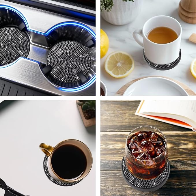 BFXM 4 PCS Bling Cup Holder Coaster, 2.75 inch Diamond Universal Non-Slip Silicone Cup Holder Coasters, Sparkly Bling Car Accessories for Women (Black)