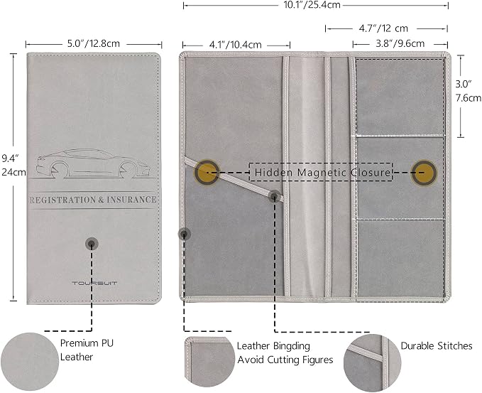 TOURSUIT Car Registration & Insurance Card Holder, Grey | Vehicle License Document Organizer, Glove Box Compartment, Interior Car Accessories, For Women Men