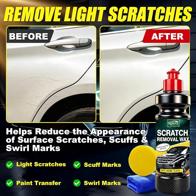 Car Scratch Remover for Vehicles, Car Scratch Repair Kit with Scratch Removal Wax, Rubbing Compound & Polishing Pad, Removes Light Scratches and Swirl Marks, Restores Car Paint Finish, 3.4oz/100ml