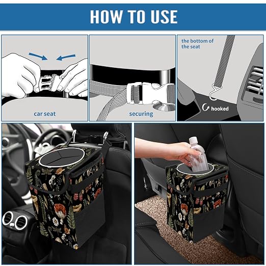 Car Trash Can with Lid Vintage Botanical Mushrooms Collapsible Reusable Leak-Proof Auto Garage Bag,Hanging Vehicle Car Accessories Interior Car Organizer