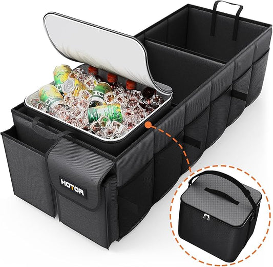 HOTOR Trunk Organizer, Sturdy Foldable with Cooler for Car & SUV, 3 Compartments, Black, 31.5” x 12.6” x 10.6”