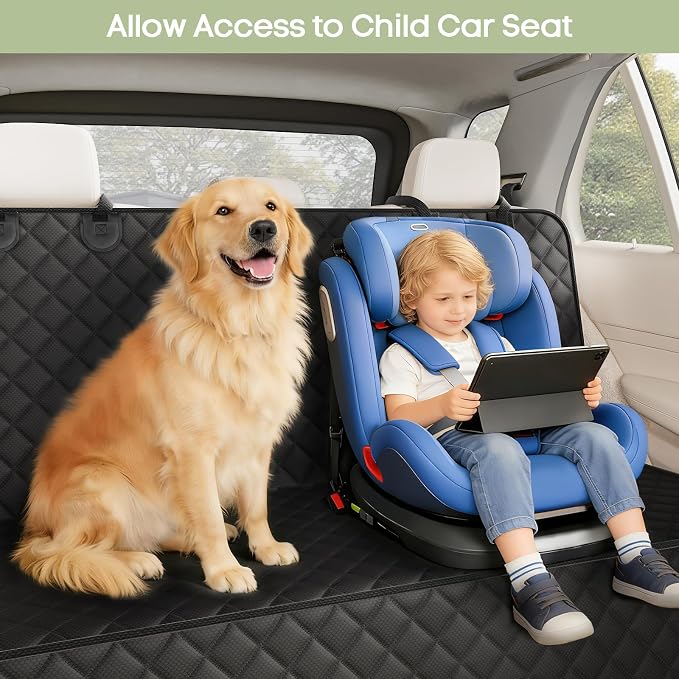 Back Seat Cover for Dogs, Bench Seat Cover Protector with Side Flaps | 600D Oxford, Waterproof Scratchproof Non-Slip Car Seat for Dogs, Velcro Openings for Child Seat Access, Fits Cars Trucks SUVs