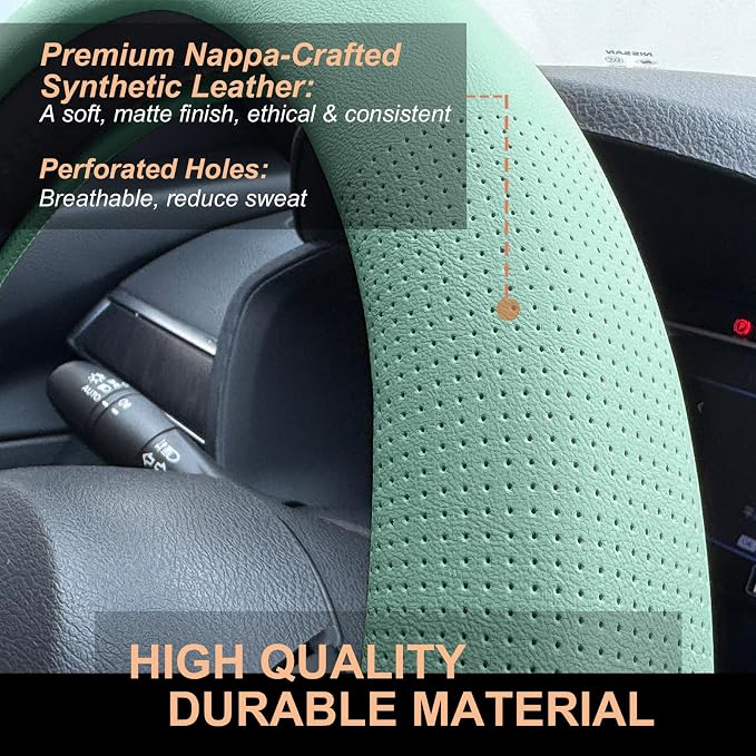 PINCTROT D Shaped Nappa Leather Steering Wheel Cover, Slim Fit No Bulk Design, One Piece Leather with Breathable Perforation, Fit Like Gloves, Flat Bottom 14.5-15 Inch(Nappa Mint)