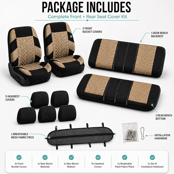 FH Group Car Seat Covers Full Set Premium Cloth - Universal Fit, Automotive, Low Back Front Washable Seat Covers, Airbag Compatible, Split Bench Rear Seat for SUV, Sedan Beige