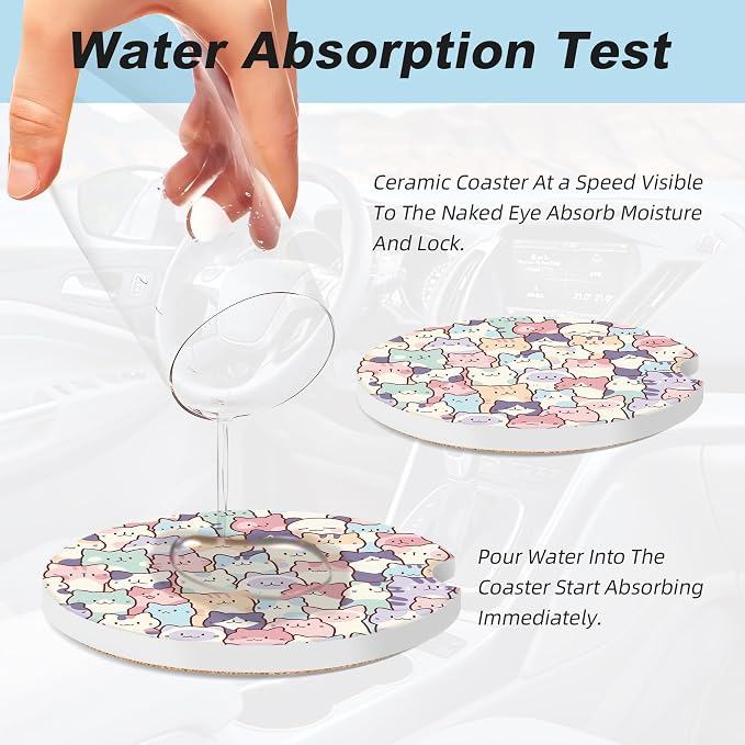 Cute Colorful Cats Car Coasters for Cup Holders,2 Pack Car Cup Holder Coasters for Car,Ceramic Absorbent Car Coaster with A Finger Notch and Cork Base,Car Interior Accessories for Women Men