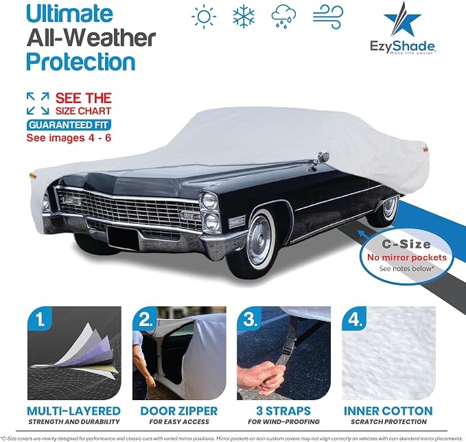 EzyShade Multi-Layer Waterproof Sports Car Cover - See Vehicle Size-Chart - Outdoor Full Exterior Covers for Automobiles - Thunderbird Impala Grand Fury Classic Cars. Size C7 (See SizeChart)