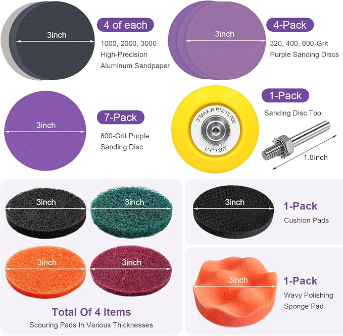 38PCS Car Headlight Restoration Kit, 3 Inch Vehicle Headlight Cleaning Set with Sanding Disc & Scouring Pad, Hook and Loop Sanding Pads Polishing Sponge for Car Headlights
