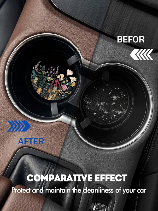WOCOCN Car Coasters for Cup Holders - 2 Pack 2.75" Universal Rubber Car Cup Coaster, Non-Slip Waterproof Car Interior Accessories, Cute Car Decor Gifts for Women and Men (Books & Flowers)