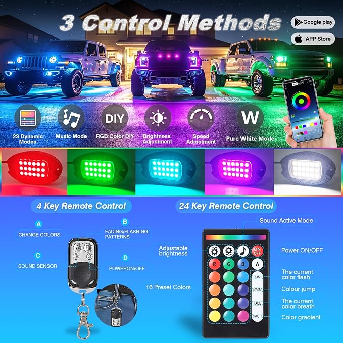 16Pods Heavy Duty Aluminum RGBW LED Rock Lights Kit for Trucks Pickup Jeep Gladiator Off-Road, APP/RF Remote, Plug&Play Pre-Wired, IP67 Waterproof Multicolor Dual Zone 12V Underglow Accent Lights