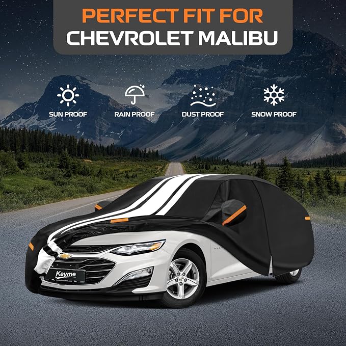 Kayme Heavy Duty Car Cover Custom Fit for Chevrolet Malibu (1978-2026), Outdoor Full Exterior Cover with Tape and Towel, Rain Snow Sun UV Protection.