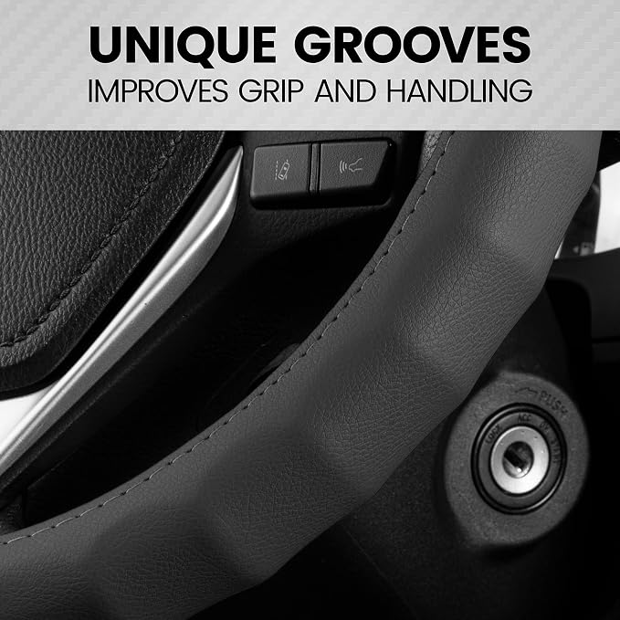 BDK Genuine Black Leather Steering Wheel Cover for Car, Large 15.5-16 inch – Ergonomic Comfort Grip for Men & Women, Car Steering Wheel Cover for Vehicles with Large Steering Wheels
