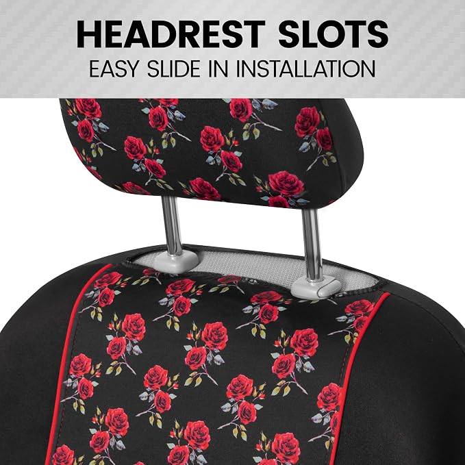BDK Red Rose Car Seat Covers for Front Seats, 2 Pack – Flower Pattern Front Seat Cover Set with Matching Headrest, Sideless Design for Easy Installation, Fits Most Car Truck Van and SUV