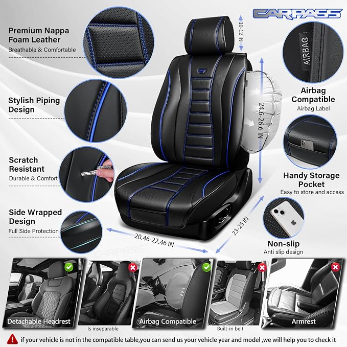 CAR PASS Nappa Leather Seat Covers, Universal FIT Piping Leather Car Seat Cover Full Set for Cars,SUV,Truck 3D Foam Waterproof Leather Seat Covers 5 Luxury Comfy Durable Airbag Compatible Black Blue