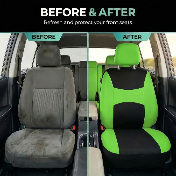 FH Group Universal Car Seat Covers Front Set for SUV Truck Sedan Vans | Waterproof All-Purpose Cloth Seat Cover Set Airbag Compatible Washable Split Bench Protector Interior Upgrade - Green