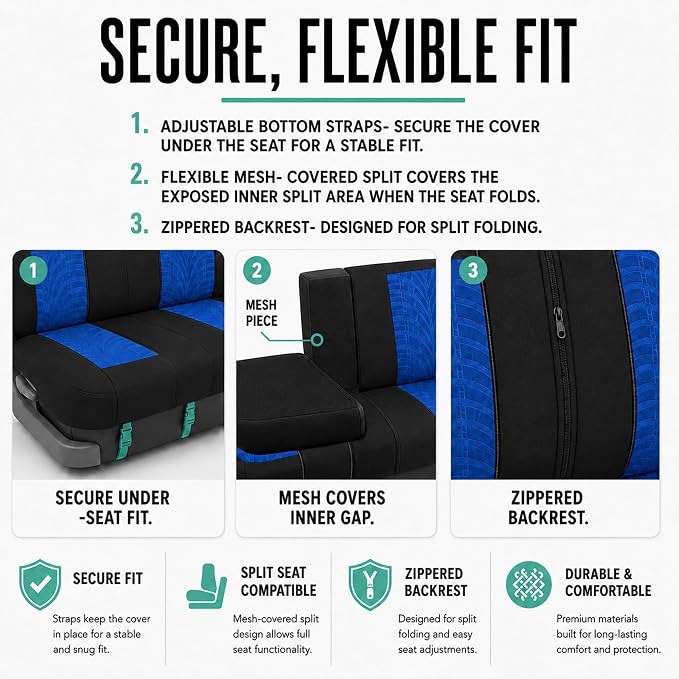 FH Group Rear Set Travel Master Car Seat Covers - Universal Fit, Split Bench Rear Seat, Washable, for SUV, Sedan, Blue