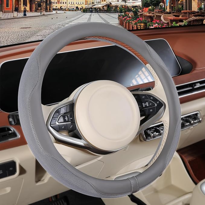Nappa Leather Ice Silk Fabric Grey Steering Wheel Cover | Non-Slip Breathable Soft Car Accessories, Warm in Winter and Cool in Summer Universal 14.5 inch to 15 inch