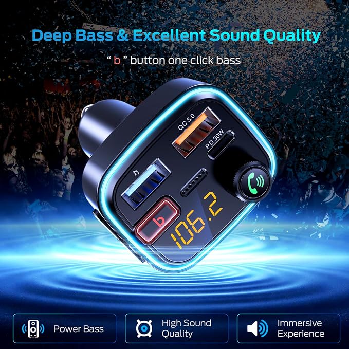 Bluetooth 5.4 Car Adapter, 48W Fast Charging Bluetooth Adapter for Car, Wireless FM Transmitter with Deep Bass Player, Hands-Free Calling & Audio Receiver, Support USB Drive