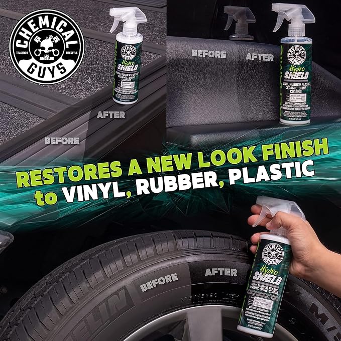 Chemical Guys, HydroShield Vinyl, Rubber & Plastic Ceramic Coating, 16 oz | Ceramic shine coating revives interior and exterior trim, tires and plastic, adding gloss and a protective layer