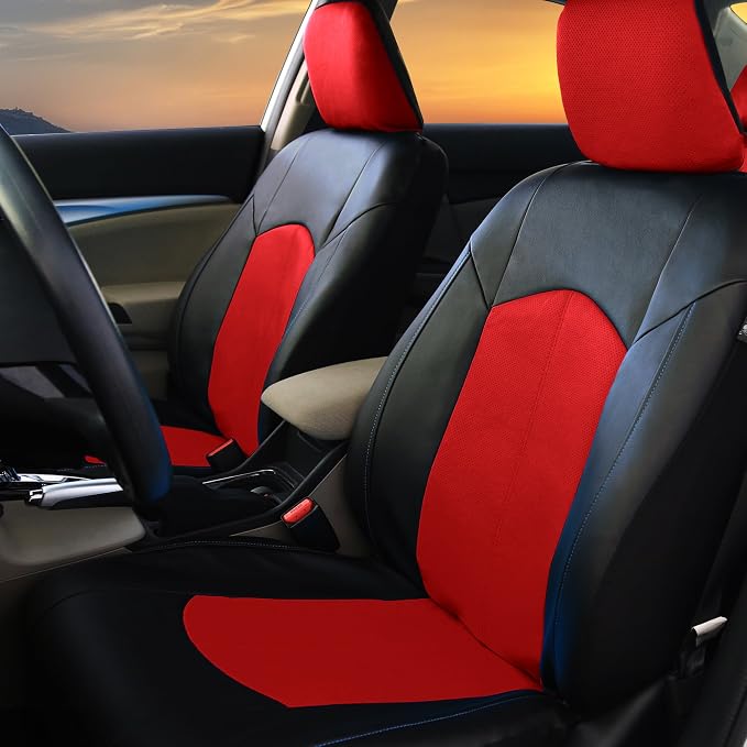 FH Group Automotive Seat Cover Highest Grade Faux Leather Red Black Full Set, Combo Car Seat Cover Design Airbag Compatible Split Bench Tan Car Seat Covers Interior Accessories Universal Fit Truck SUV