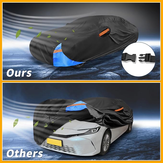 Waterproof All-Weather Universal Car Cover with Right Side Zipper, 190T Polyeste Black Blue Fits for Sedan 185" to 192" Length