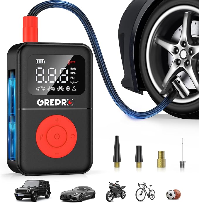 GREPRO Tire Inflator Portable Air Compressor, 160 PSI Portable Air Pump with Digital Pressure Gauge, LED Light, and Multiple Adapters for Car, Motorcycle, Bicycle, and Other Inflatables