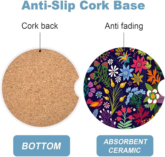 Car Cup Holder Coaster Set of 2, 2.56 in Ceramic Coasters, Scratch-Resistant Cork Backing, Finger Groove Design for Easy Placement, Cute Car Accessories Interior for Women (Tropical Flowers)
