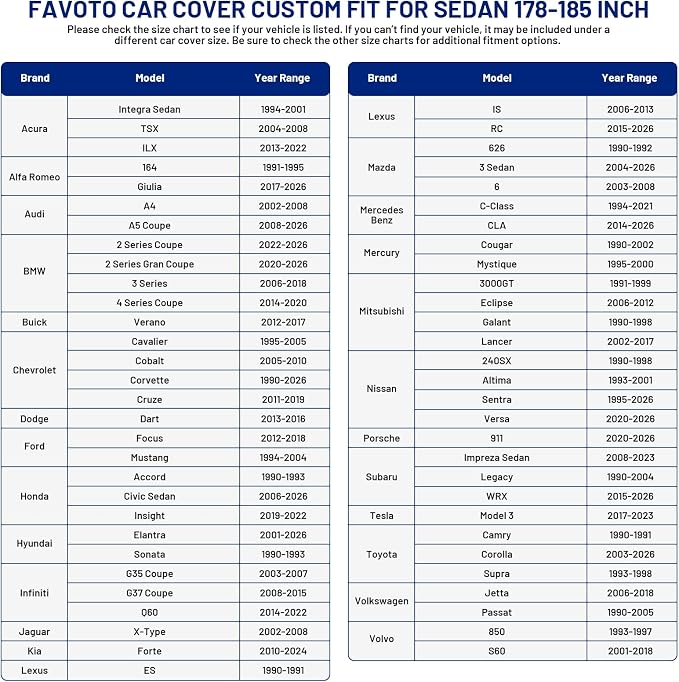 Favoto Car Cover Waterproof Outdoor Sedan Cover All Weather Protection | Breathable Car Tarp for Automobiles Rain Sun Windproof Universal Fit Sedan (178-185 in) for Eclipse, Lancer etc.