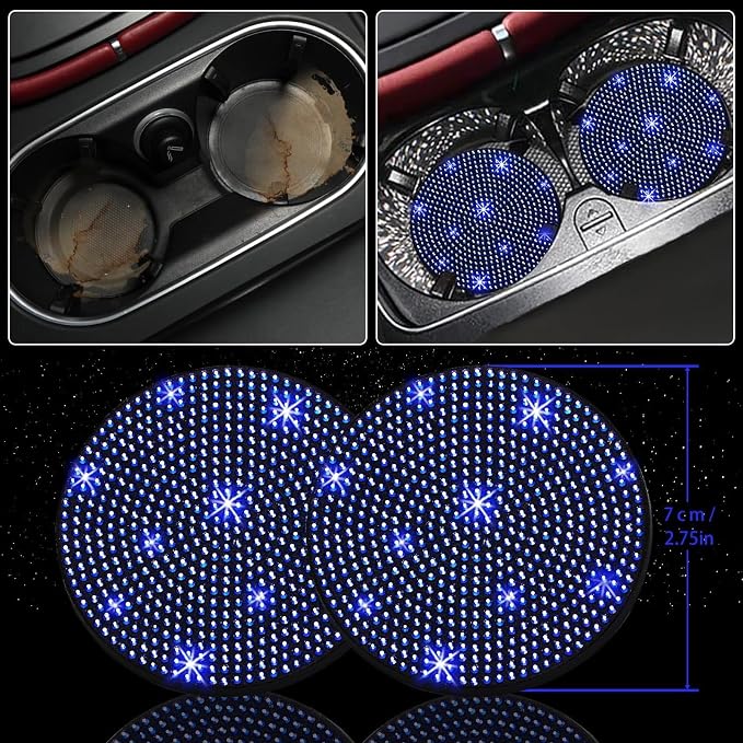 NBTEPEM 30 Pcs Blue Bling Car Accessories Set for Women, Blue Steering Wheel Cover Set, Bling Console Cover, Seat Belt Cushion, Shift Knob Cushion, Cup Coaster, Rhinestone Car Hanging Accessories
