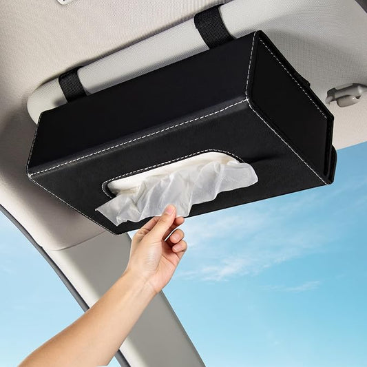 Car PU Leather Tissue Holder for Sun Visor and Back Seat Organizer | Tissues Box Cover for Sunvisor and Cars Backseat Large Rectangle Napkin Holder Fit for Various Tissue Sizes Box Organizer