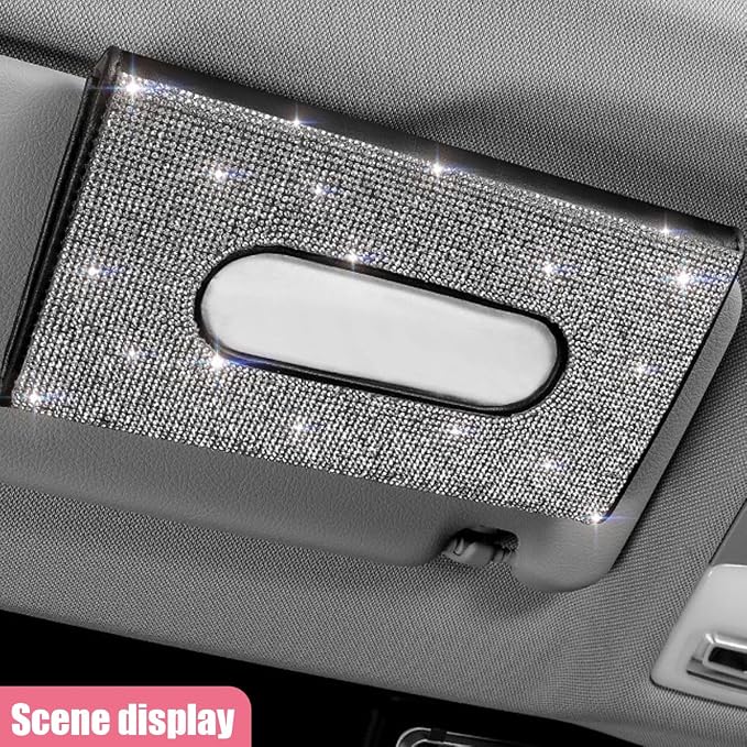 Bling Car Sun Visor Tissue Box Holder, PU Leather Auto Paper Towel Cover, Glitter Crystal Rhinestone Napkin Holder, Car Decoration Accessories for Women (Black/White)