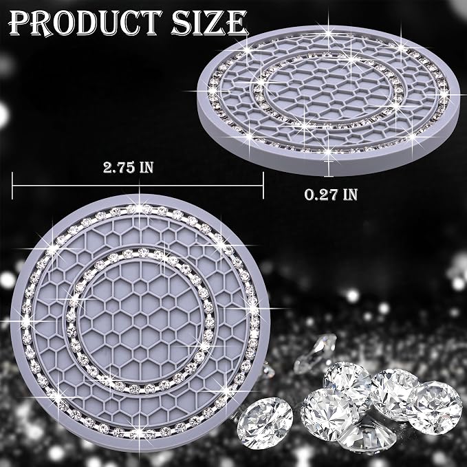 2PCS Bling Crystal Rhinestone Cup Holder Coaster, 2.75 inch Soft Silicone Anti-Slip Shockproof, Car Cup Holder Insert Coasters, Universal Car Interior Accessories for Women (Gray & White)