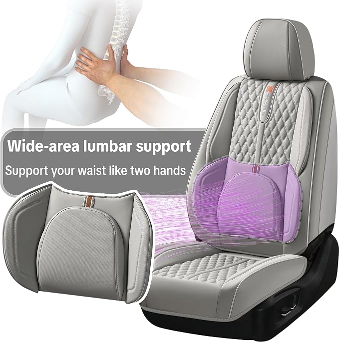 Car Seat Cover Complete Set, Light Gray, Suitable for Most Cars | with Lumbar Support, Premium Artificial Leather, Waterproof and Easy to Clean, Airbag Compatible