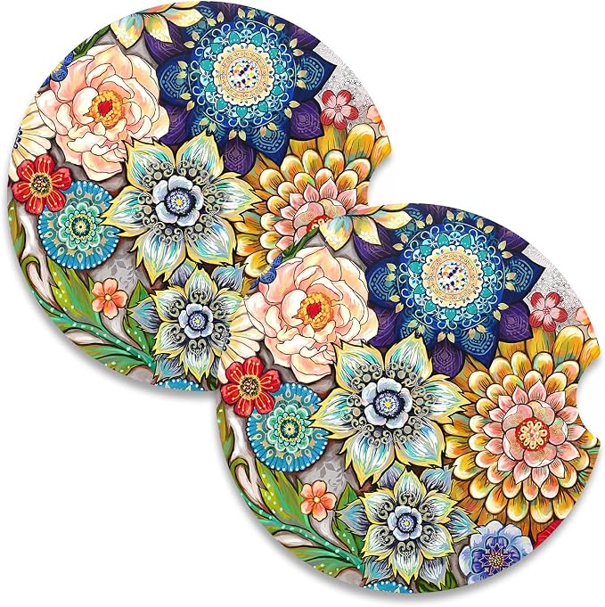 Nipichsha Car Coasters for Cup Holders, 2 Pack Absorbent Ceramic Car Cup Holder Coaster for Drinks, Cute Auto Assecories for Women Men, Size 2.56 in with Finger Notch & Cork Base, Colorful Mandala
