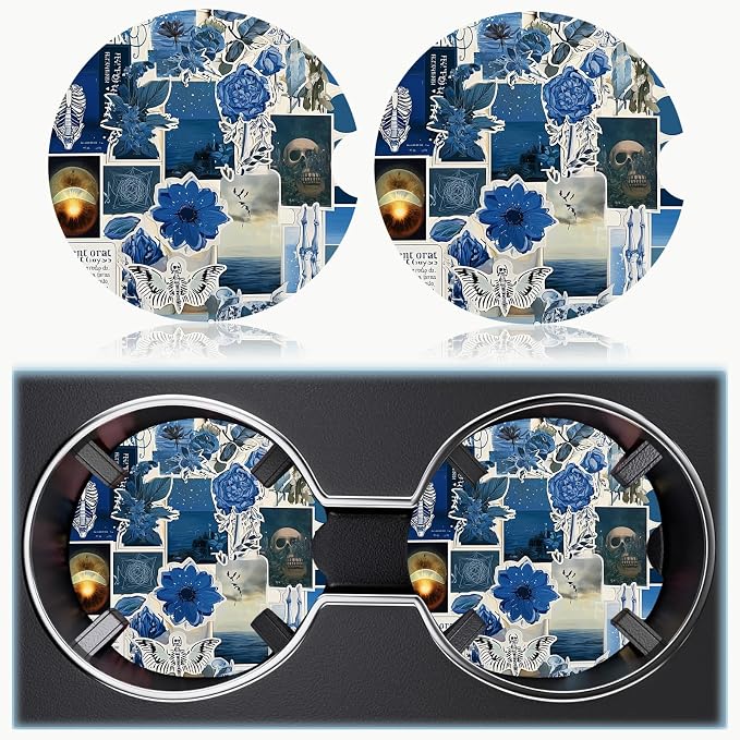 Car Cup Holder Coaster Set of 2, 2.56 in Ceramic Coasters, Scratch-Resistant Cork Backing, Finger Groove Design for Easy Placement, Cute Car Accessories Interior for Women (Puzzle)