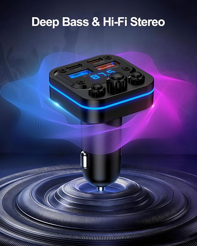 Bluetooth Fm Transmitter for Car, Fast Charging, Blue Tooth 5.4 Car Charger | USB-C USB-A Multi Ports, Wireless Radio Aux Cigarette Lighter Adapter Auxiliary for Samsung Galaxy Android iPhone Apple